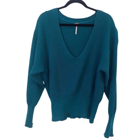 FREE People Ribbed Cozy Deep V-neck Sweater Emerald Green - Picture 1 of 5
